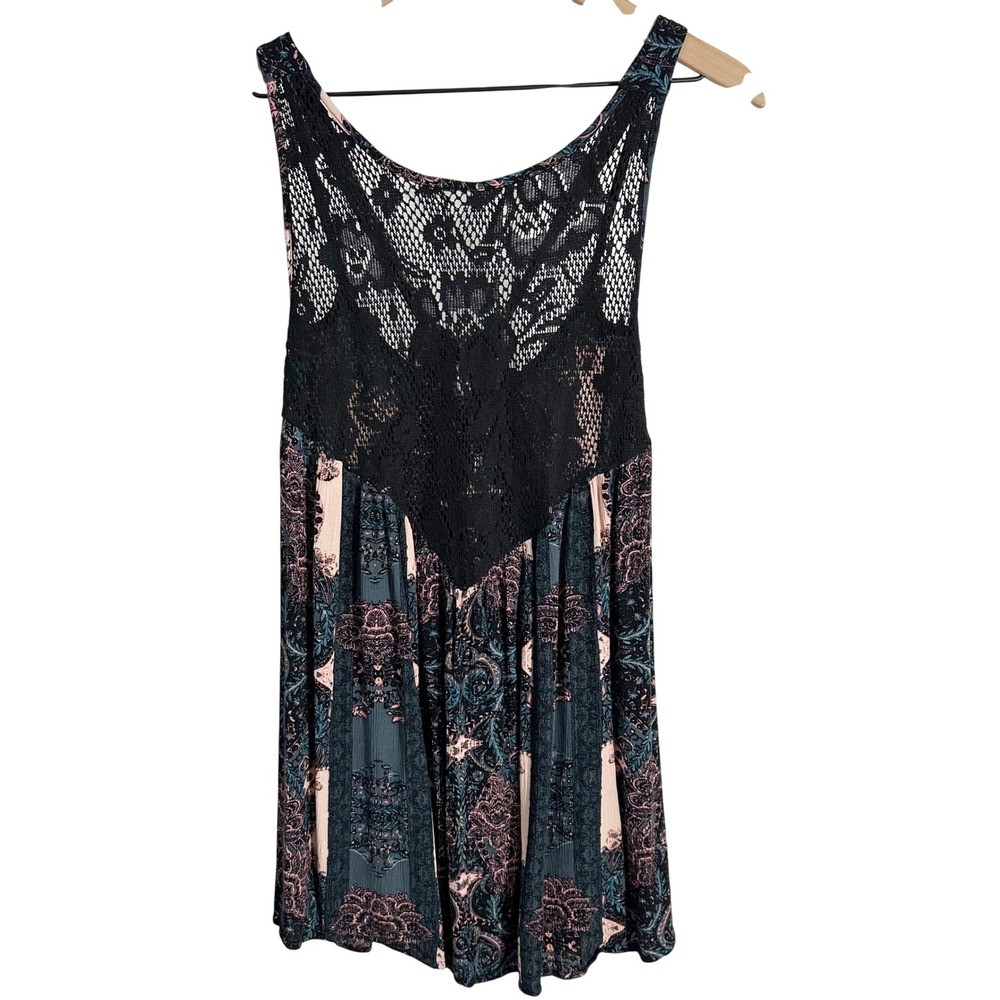 Free People Count Me In Trapeze Tunic Tank Top Paisley Black‎ Small Boho Hippie